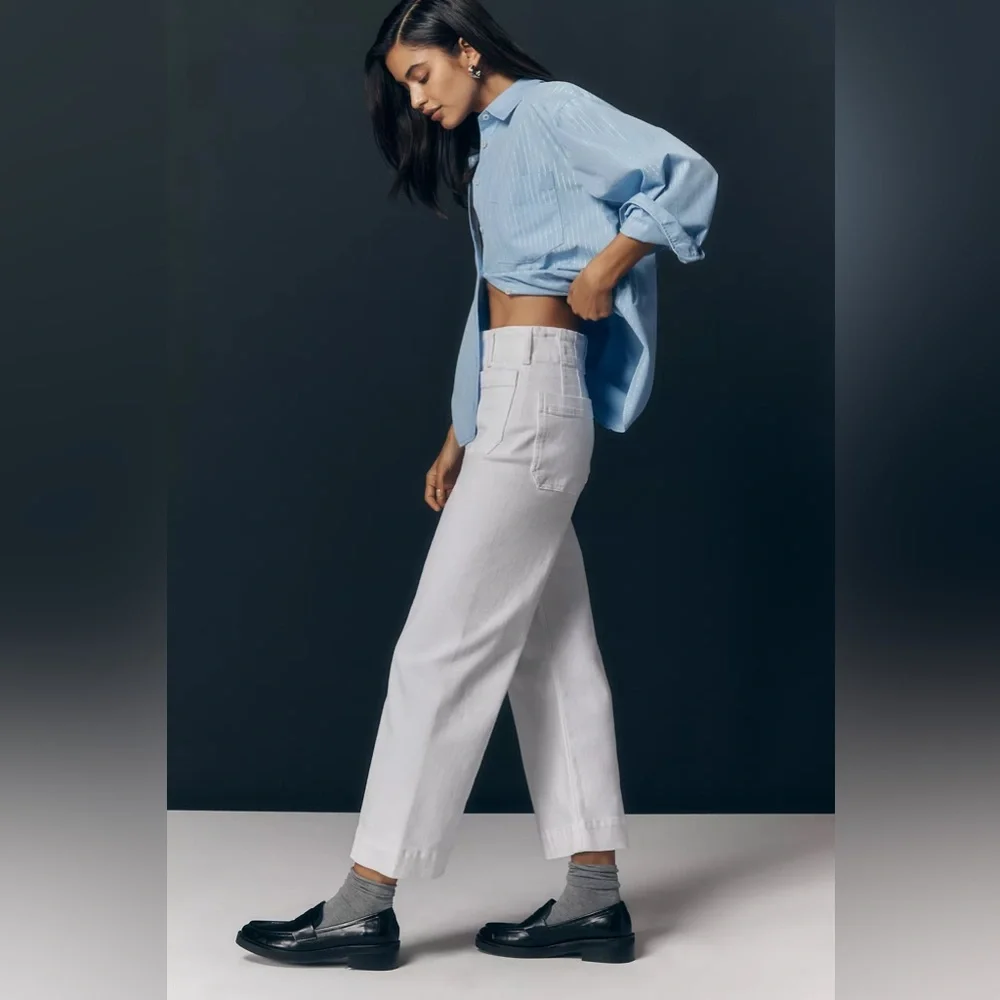 Anthropologie Maeve The Colette Crop Wide-Leg High Rise Jeans in White size 30 - Picture 11 of 14